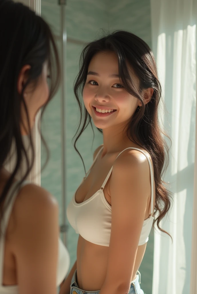 Beautiful 19 year old Asian woman, ((anatomical perspective)), smiling, taking a shower, wearing a white bra, and lea jeans, looking in the mirror.

