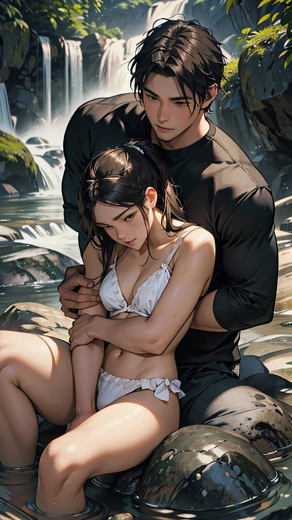 Romantic, intimate photograph featuring a couple seated on rocky terrain near a flowing stream. The woman, with long dark hair and fair skin and big hips, is wearing a black underwear and is seated on the man's lap. The man, with short light brown hair and fair skin, is shirtless and wearing dark swim trunks. They are embracing each other closely, with the woman gently holding the man's face and the man holding her waist. The background consists of large rocks and a small waterfall, creating a natural and serene setting. The overall tone of the image is warm and earthy, with soft lighting enhancing the intimate mood.