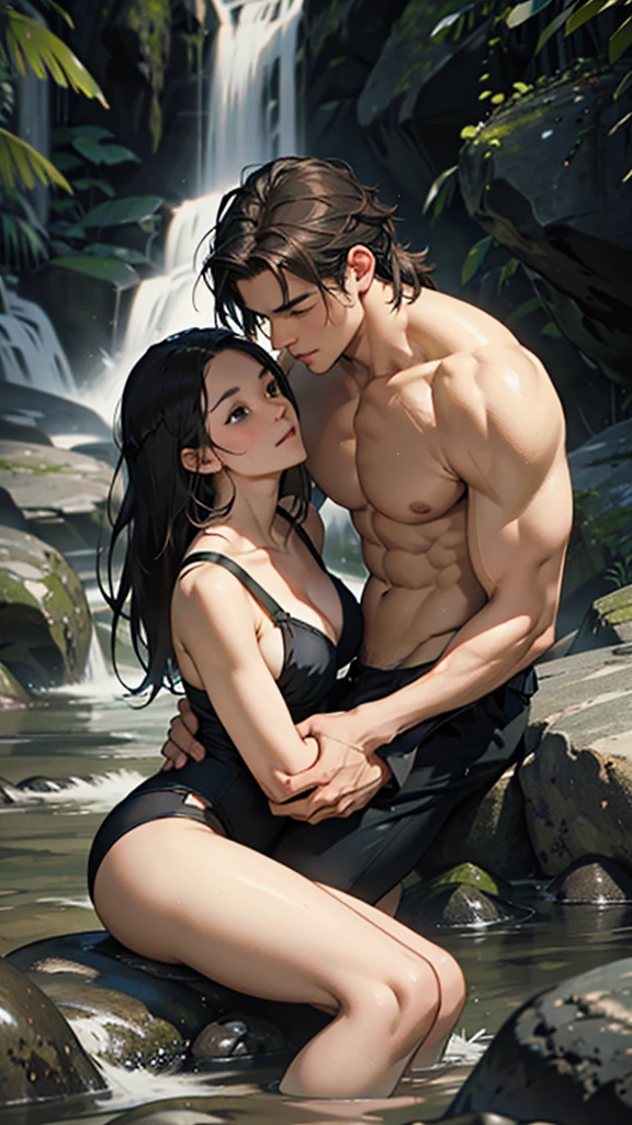 Romantic, intimate photograph featuring a couple seated on rocky terrain near a flowing stream. The woman, with long dark hair and fair skin and big hips, is wearing a black underwear and is seated on the man's lap. The man, with short light brown hair and fair skin, is shirtless and wearing dark swim trunks. They are embracing each other closely, with the woman gently holding the man's face and the man holding her waist. The background consists of large rocks and a small waterfall, creating a natural and serene setting. The overall tone of the image is warm and earthy, with soft lighting enhancing the intimate mood.