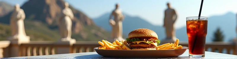1 table with a tray of French fries, double burger, and a dark soda with a straw, background with Mount Olympus, full body statues of zeus, athene, ades and aphrodite in the background