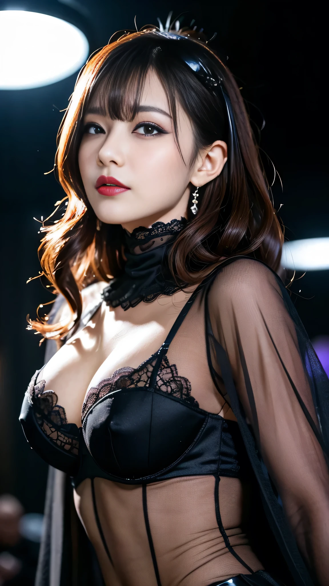 best quality、ultra-detailed、8k、Japanese、Japanese、Seductive beauty、seductive adult woman、Pretty Woman、cool girl、smirk、Wicked Smile、Villainess、brainwash makeup、Brainwashed、brainwash、Fallen into evil、Evil look、evil、Brown hair、wavy hair、swept bangs、dark makeup、piercing eyes、hollow eyes,half-closed eyes、Hollow Eyes、purple Eyeshadow、black lipstick、black lipglos、black elegant dress、wide sleeve、Black flared skirt、lace fabric gloves、Beige Stockings、skin color pantyhose、night、inside darkroom、Kiss、I have lipstick、Are standing、Look、Offer、shoot from below、Swear allegiance、I have pledged my allegiance、Female Combatant、Evil female executive、brainwashing、Fallen into evil、Fall into Darkness、Connected by many cords