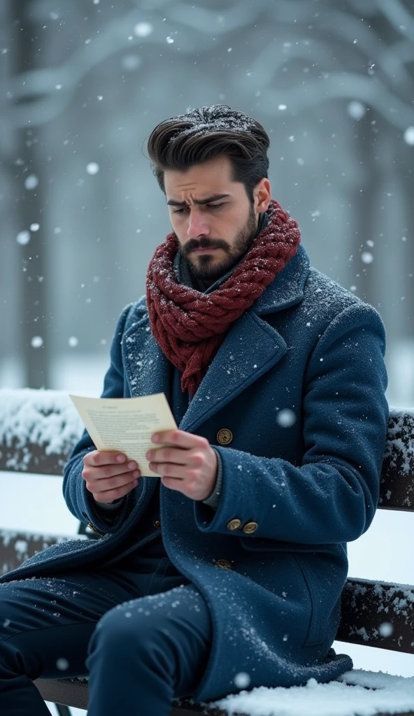 a 21-year-old young rich man with a small beard and big mustache wearing a very lush bluish pent coat and a red muffler, sitting on a snow-covered bench, reading a letter with a look of regret and sadness. crying heavily in tears looking towards sky, heavy snowfall continues. The scene is emotionally charged