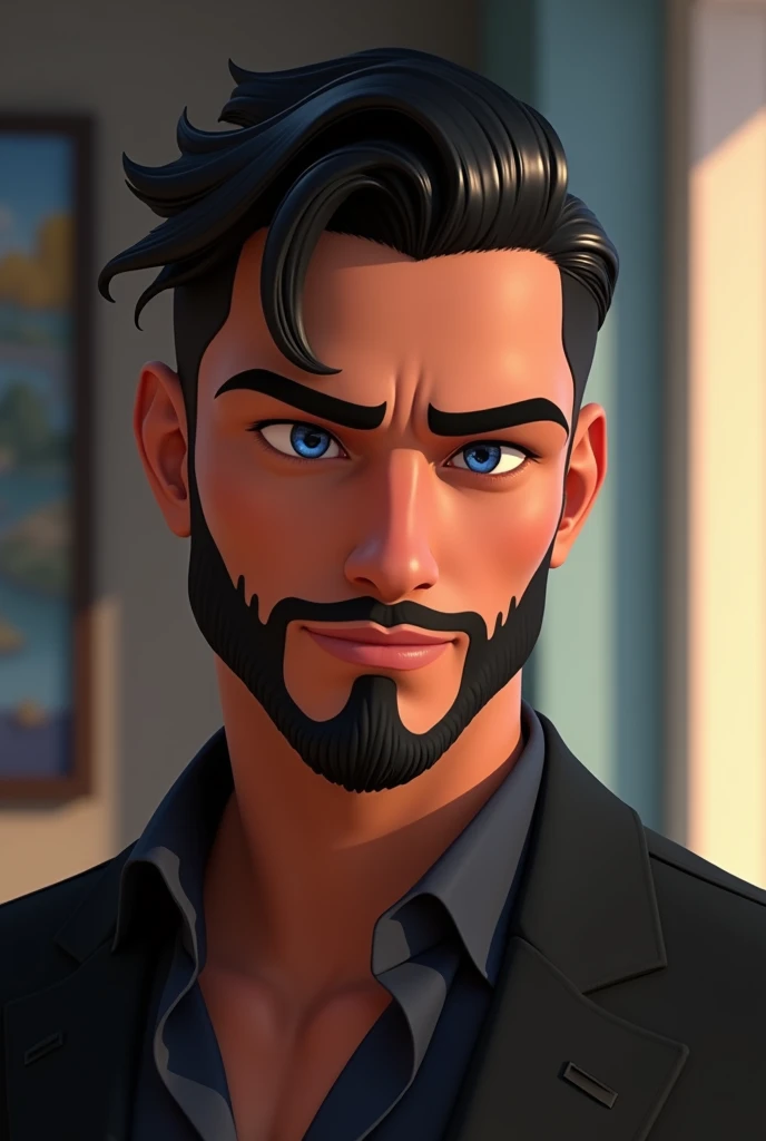 A very handsome white man like a model with a piercing heartthrob's gaze, well-cut black hair and beard style 2024, blue colored eyes, seducing gaze, Disney Pixar character style, high qualiy, best qualityer