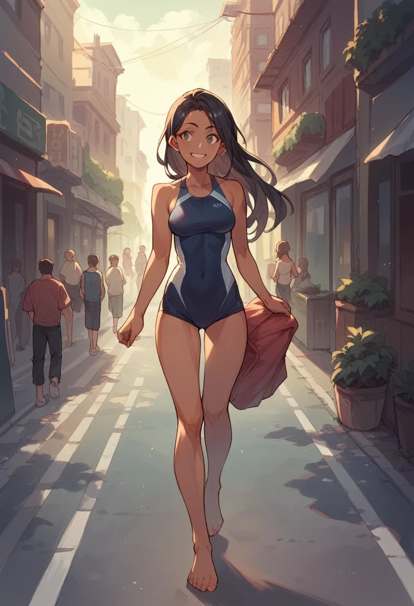 girl, swim suit, walking on the street of dark city, long hair, smile