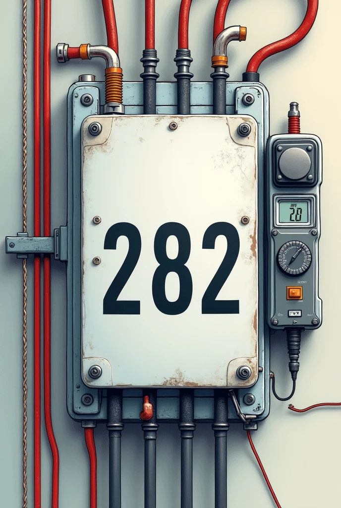 Electrical nameplate with power wires, clamp meter and the one with number 282 in the center of the plate