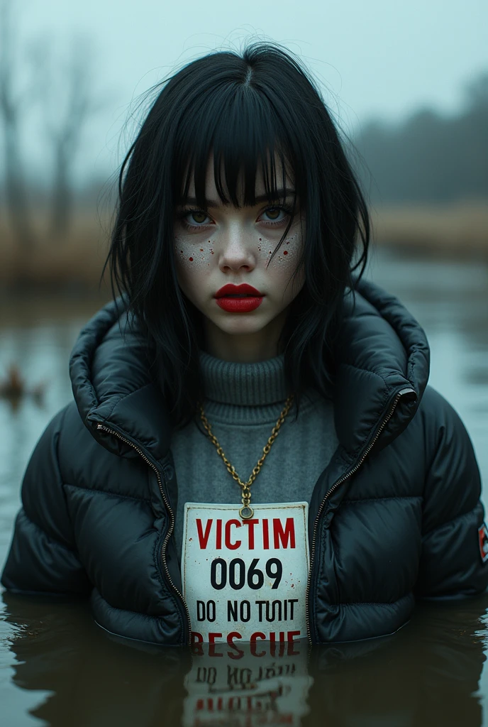 woman, bib "VICTIM 0069 DO NOT RESCUE", moncler ultra-short sporty down jacket,, flared jeans, stuck in bog,pale ethnic patterns ritual makeup, cold, red lips, y posing, bob haircut