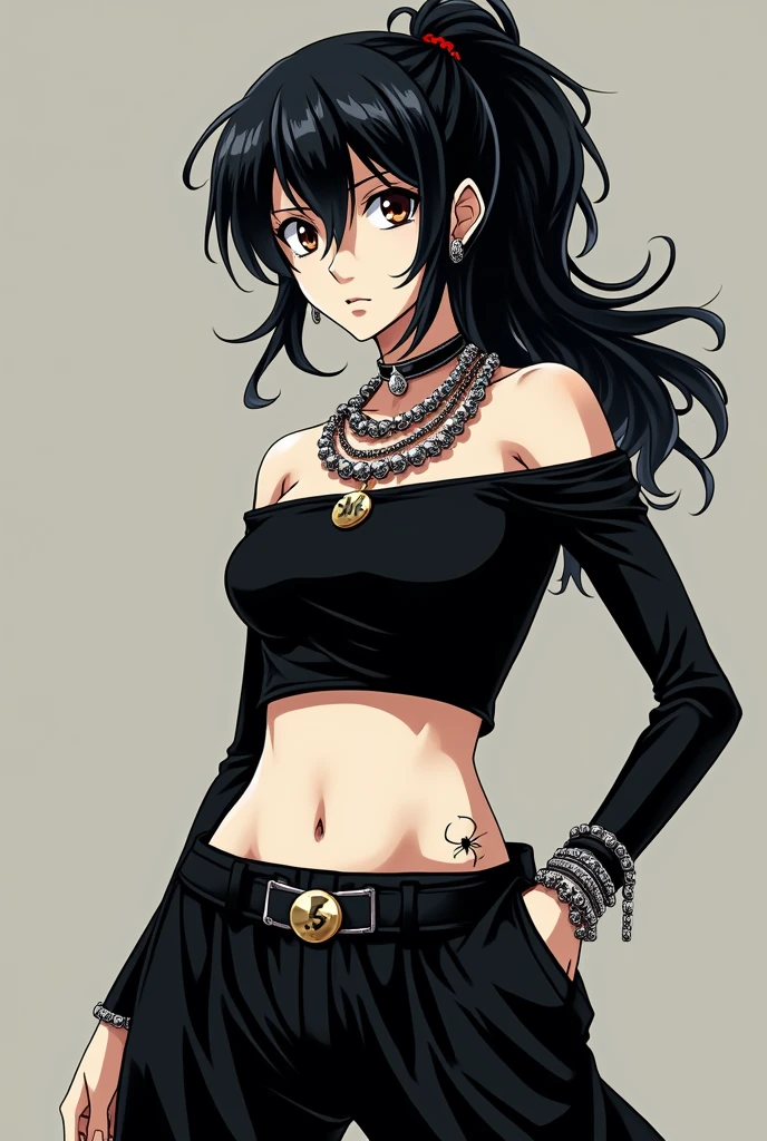 Un personnage dans le style de dessin du manga  Hunter x Hunter. Elle a les cheveux noirs légèrement bouclés. Elle a la peau pâle et des yeux d'un marrons foncés. Elle a un air froid sur le visage, peu aimable mais pas hostile non plus. Elle a souvent les cheveux attachés en queue de cheval, laissant des mèches de cheveux retomber sur son visage. Elle a un top noir moulant qui remonte sur le bas de son cou sans manche et qui s'arrête un peu au dessus de ses hanches. Elle a un pantalon noir large taille basse qui laisse apercevoir sa peau. Elle a de nombreux colliers en argents. Ainsi que de nombreuses boucles d'oreilles. Elle fait 1m81. Elle a 21 ans, elle ne ressemble pas à une enfant. Elle fait partie de la brigade Fantôme. Elle a le tatouage de l'araignée avec le numéro 5 sur sa hanche, il est en parti caché par ses habits.
