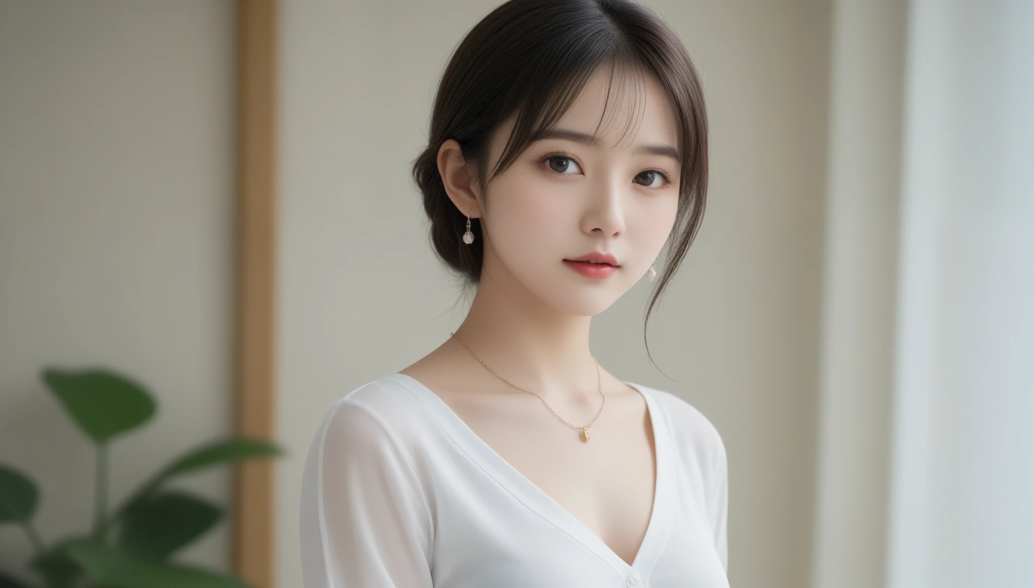 8k, Ultra-high resolution, Highest quality, masterpiece, 三分割法によるphotograph,Surreal, photograph, 1 Girl, (16 years old:1.3), pretty girl, Cute Face, 細部までBeautiful Eyes, 細かくdetailedに,masterpiece,One Girl:1.2,Japan Female Teachers,cowboy shot,Serious expression,Black short hair,hair bun,Super Beautiful Girl 4,((1 girl:1.4)),Shine, Natural skin texture、(Stylish clothes:1.4)、(The highest rank of ceremonial attire:1.4)、Attractive girl、16 years old、(Perfect female body:1.4)、(女の子のポートレートphotograph:1.4)、(Photorealistic images:1.4),Fantasy art,(Beautiful Face:1.4),Beautiful and attractive eyes、Beautiful Eyes、(Tight waist:1.4)、(9 Beautiful girls with perfect body proportions:1.4),Red lips,(choker:1.4、necklace:1.4、Earrings:1.4),Looking at the audience,(((Ideal body type))),A-cup small breasts :2,、Portraiture:2、Perfect ???????、鮮明なdetailed、detailed,Fashion magazine cover,Thin lips,Gray background ,完璧でBeautiful Face ,完璧でCute Face, Skin with attention to detail, Perfect limbs、Narrow waist,Looking at the audience,(((Ideal body type))),A cup small breasts :2,Portraiture:2,Perfect ???????,鮮明なdetailed,detailed,Surreal,Light and shadow,spotlight
