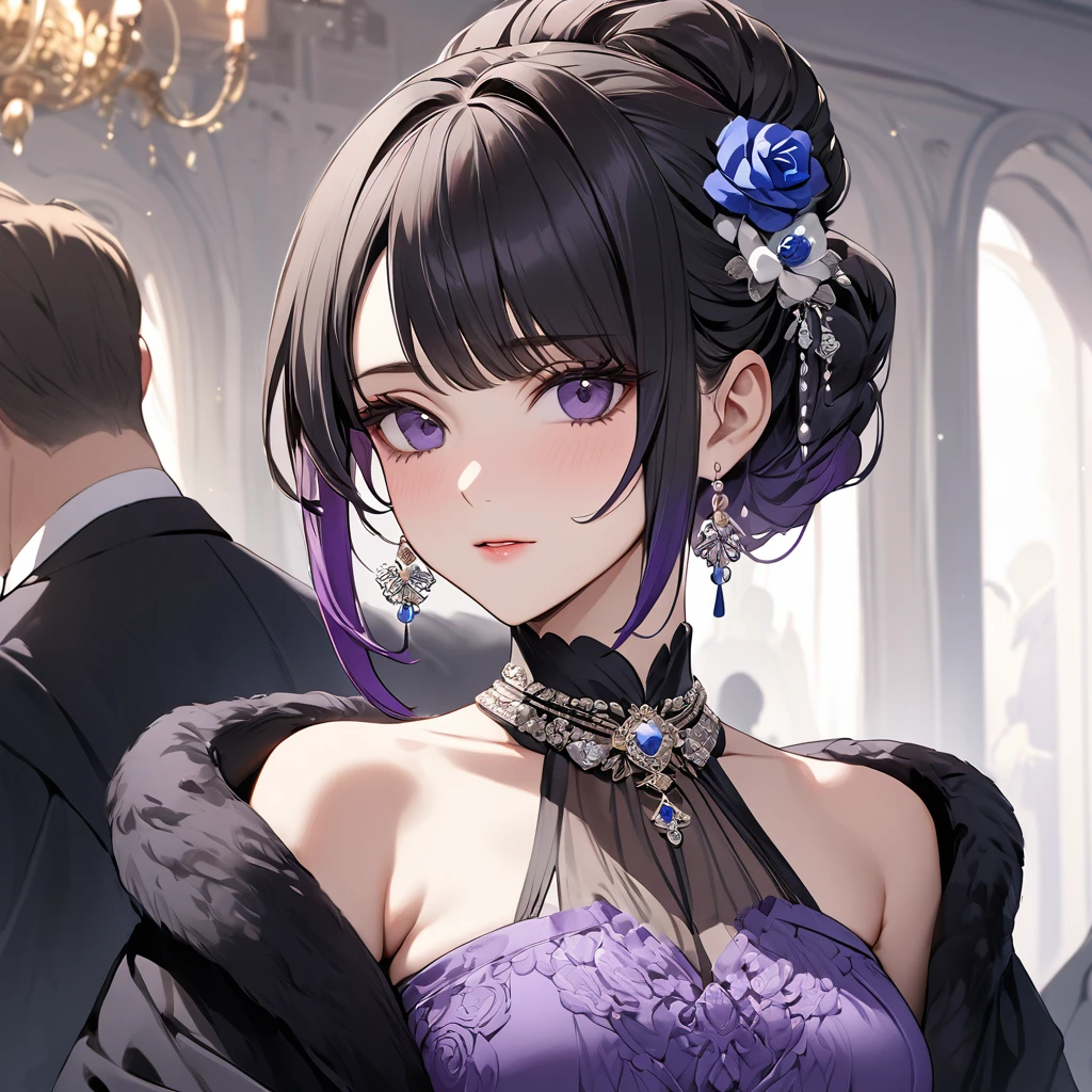 ((Highest quality)), ((masterpiece)), (detailed), （Perfect Face）、The woman is Shinobu Kocho, a Russian with black hair in a purple gradient bob style, tied up in a formal evening hairstyle.、The woman is a member of the United Russia party and is beautifully dressed in the fine attire and luxurious accessories appropriate for a party member.、She is a member of the Great United Russia Party.