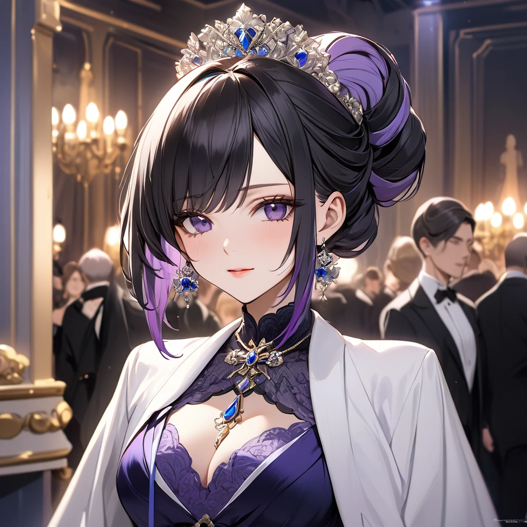 ((Highest quality)), ((masterpiece)), (detailed), （Perfect Face）、The woman is Shinobu Kocho, a Russian with black hair in a purple gradient bob style, tied up in a formal evening hairstyle.、The woman is a member of the United Russia party and is beautifully dressed in the fine attire and luxurious accessories appropriate for a party member.、She is a member of the Great United Russia Party.