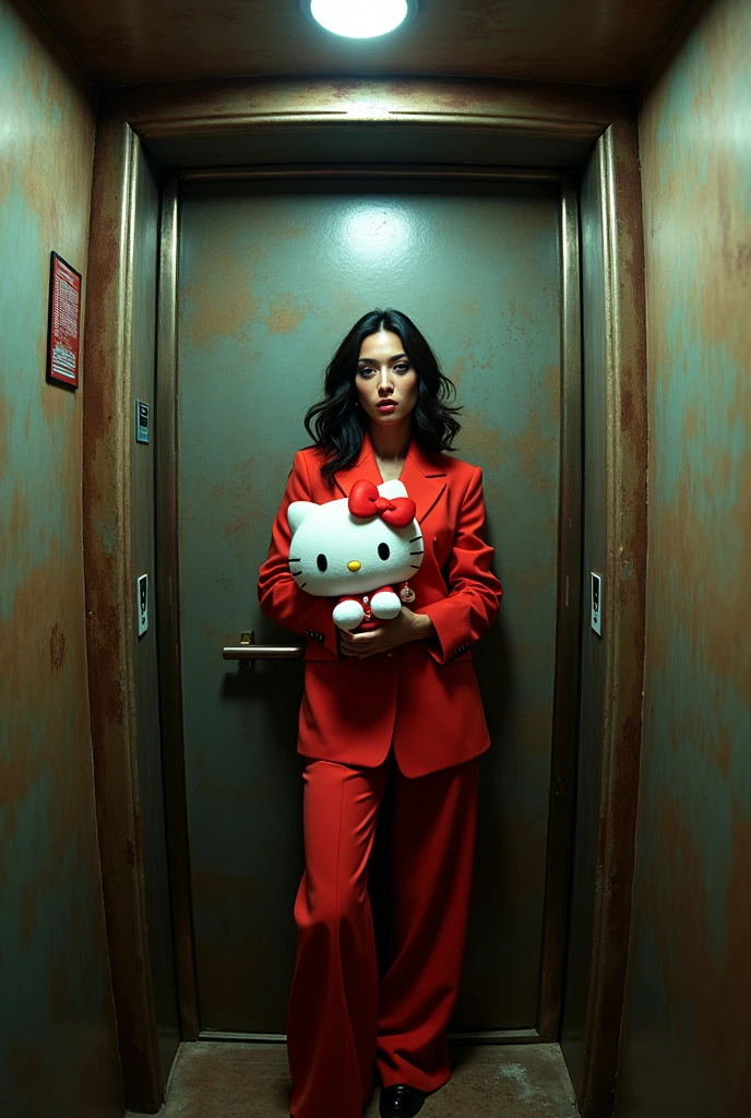 bella hadid in a rustic elevator looking into a fisheye lens holding a hello kitty