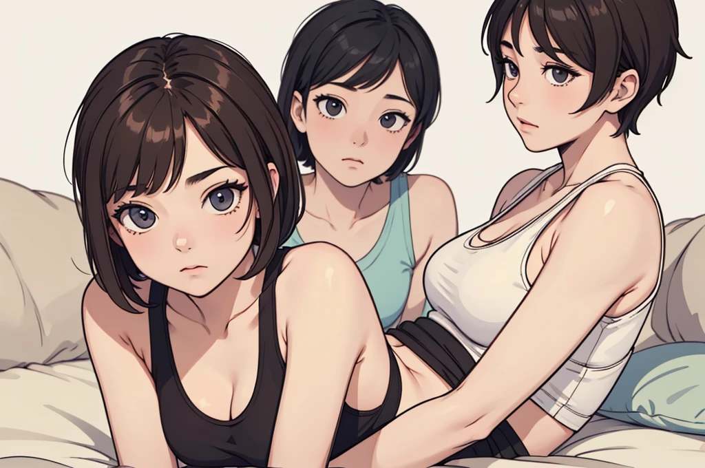 (((masterpiece, best quality, ultra highres, 1 girl, solo, no background))), super detailed skin and face and eyes and finger, beautiful japanese woman, small breasts:1.5, skinny, light brown hair, white background, very short pixie hair, cowboy shot, Generate with illustrations, Various expressions, Various poses, The background should be simple, with the character positioned centrally, outline, anime, 2d, boyish, thong, expressionless, tank top, relax, lie down and rest,