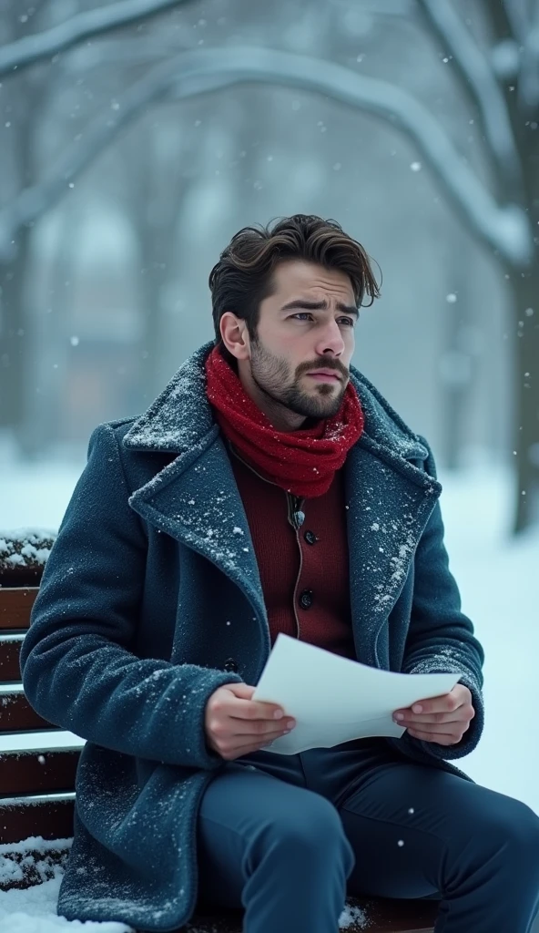 a 21-year-old young rich man with a small beard and big mustache wearing a very lush bluish pent coat and a red muffler, sitting on a snow-covered bench, reading a letter with a look of regret and sadness. crying heavily in tears looking up towards the sky, heavy snowfall continues. The scene is emotionally charged.