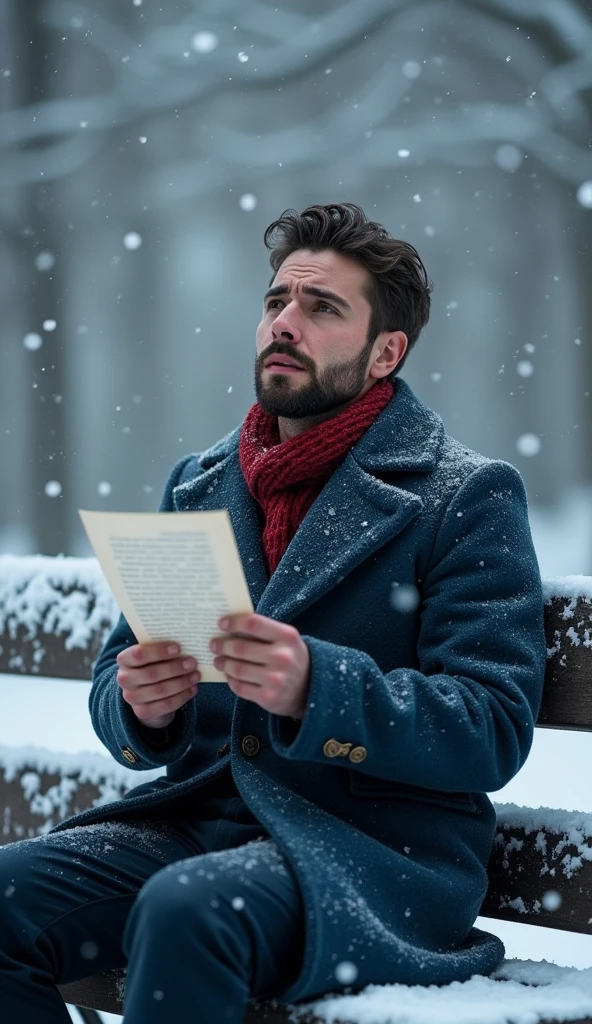 a 21-year-old young rich man with a small beard and big mustache wearing a very lush bluish pent coat and a red muffler, sitting on a snow-covered bench, reading a letter with a look of regret and sadness. crying heavily in tears looking up towards the sky, heavy snowfall continues. The scene is emotionally charged.