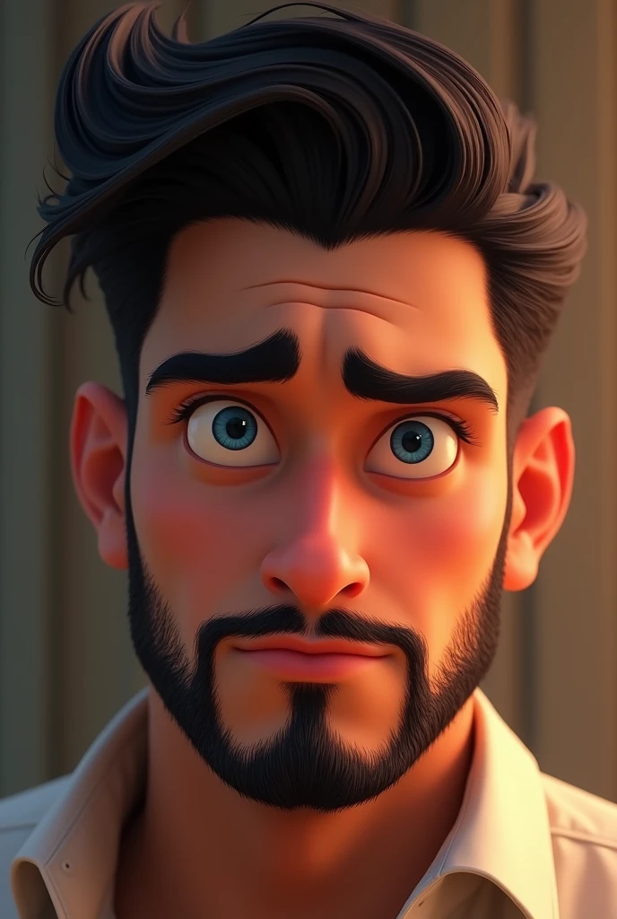 A very handsome white man like a model with a piercing heartthrob's gaze, well-cut black hair and beard style 2024, blue colored eyes, seducing gaze, Disney Pixar character style, high qualiy, best qualityer