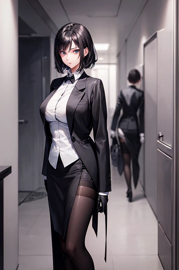 Beautiful, anime, {20 year old} adult woman, tall, slender woman, white business shirt, short pencil shirt, long black stockings, short black gloves {gloves fully covering hands} large breasts, Seductive and erotic woman, looking at viewer. Lone Hallway background