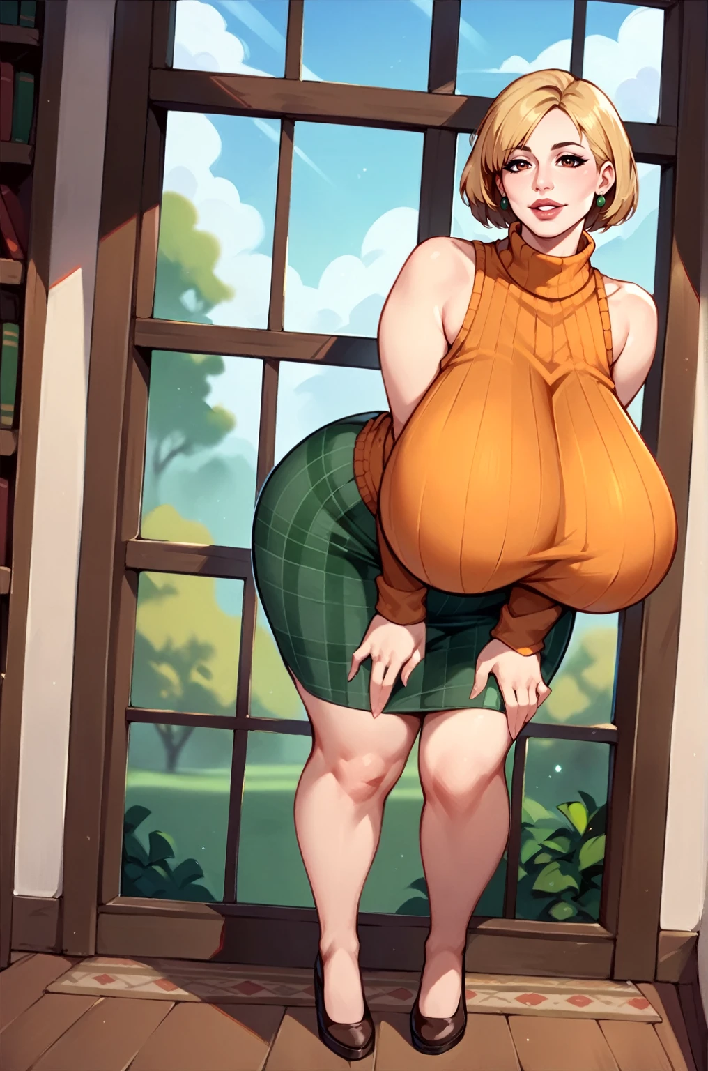 score_9, score_8_up, score_7_up, score_6_up, score_5_up, score_4_up, solo, thicc Ashely Graham from resident evil 4, ((mature mom)), short blonde hair, brown eyes, ((orange sleeveless turtleneck sweater with a burgundy sweater around her neck)), green plaid short skirt, big thick full lips, ((pouted lips)), ((squinting eyes)), ((full body)), ((NSFW)), sexy, seductive, alluring, cute smile, joyful, (((gigantic breasts))), ((sagging long breasts)), big nipples, wide hips, thick thighs, huge ass, behind open window 