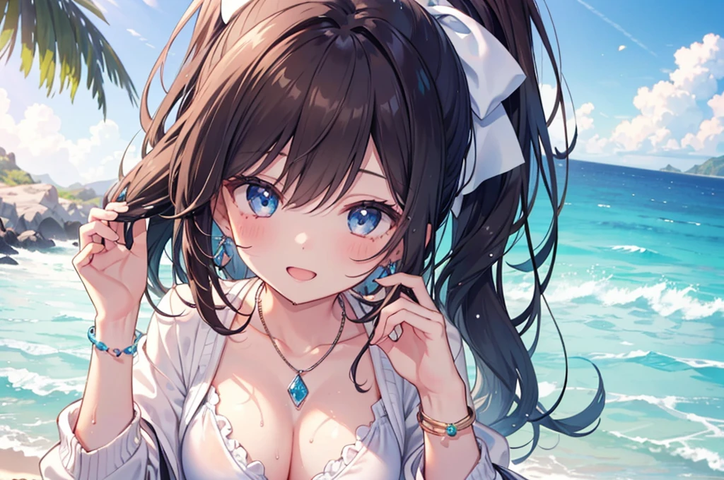 (((girl kawaii))), (a Very delicate and beautiful girl), ((Ultra-fine illustrations)), (Very delicate and beautiful), charactera girl, Please raise your hand, Wet, girl, age girl, Flowing Hair, (High Ponytail), (Long dark brown hair), Beautiful and fine hair, Very beautiful and detailed anime faces and eyes, (smile), Intricate details、Beautiful and delicate eyes, Bright Eyes, Open your mouth, Cleavage, Pale blue eyes, White skin, Frills, Hair Ribbon, Earrings, Gemstone Necklace, bracelet, (White Bikini), cardigan, Wet clothes, Open Court, White clothes, (Beach), (blue sky), sunlight, Backlight, Highly detailed light, ((Absurd)), (((wallpaper 8k CG))), masterpiece,