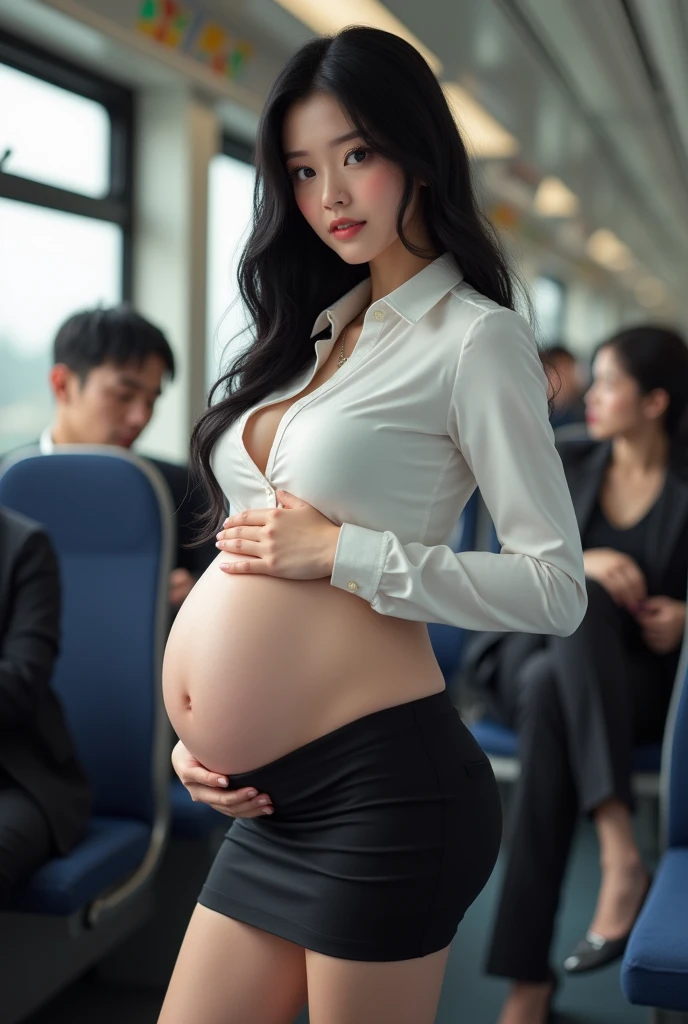 Beautiful teacher, pregnant, very Big Belly, beautiful Korean face, Long black hair, breast is very large and firm, showing her Belly, Wearing a long sleeve white button down shirt and a tight short office skirt with stockings, Belly one navel, very big fat body, Train passengers, huge breasts