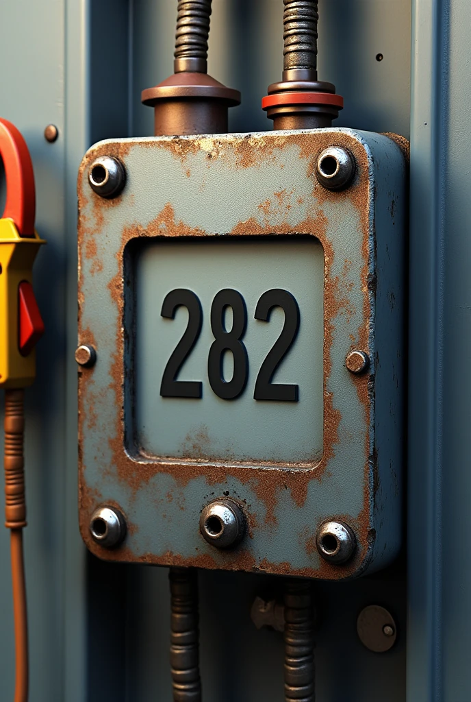 Electrical nameplate with power wires, clamp meter and the number 282 in the center of the electrician plate Animated realistic image