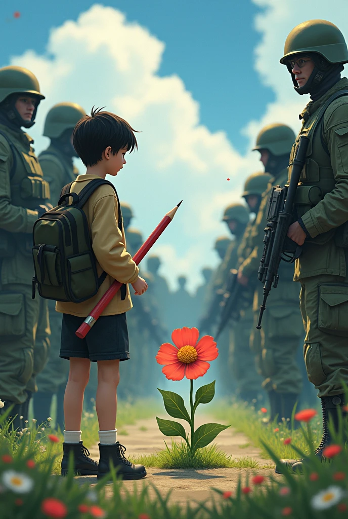 an army trying to torn a flower but a student holding a pencil like he's holding gun and trying to save the flower