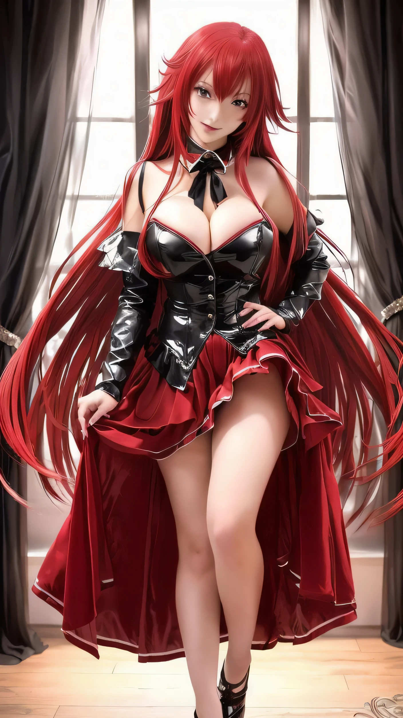 a beauty woman in a red dress and black jacket is posing, rias gremory, seductive  girl, beautiful alluring woman, gothic maiden girl, erza scarlet as a real person, beautiful woman