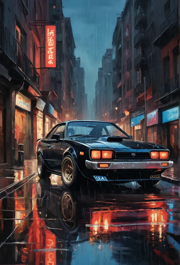 A black toyota celica GTV AT22 full option dark race classic car in the style of sam spratt, historical vintage car, old masters, genndy tartakovsky, soggy, masaccio, a 1990s poster style with dark red and blue details, colorful with vibrant colors, (low-light, breathtaking panoramic:1.3), night city background, rainny, light reflection at the floor, acrilic art paint,