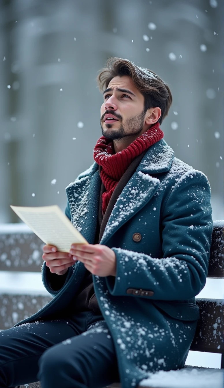a 21-year-old young rich man with a small beard and big mustache wearing a very lush bluish pent coat and a red muffler, sitting on a snow-covered bench, reading a letter with a look of regret and sadness. crying heavily in tears looking up towards the sky, heavy snowfall continues. The scene is emotionally charged.