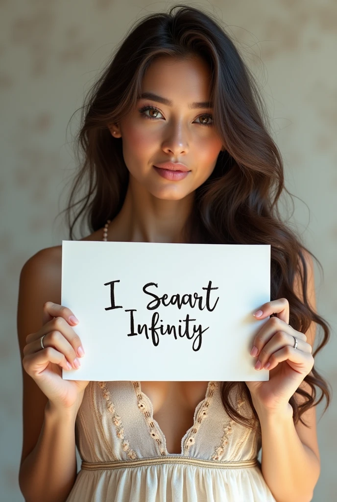 Beautiful girl with wavy long hair, bohemian dress, holding a white board with text "I Love Seaart Infinity" and showing it to the viewer