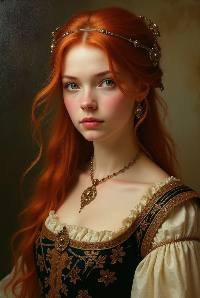 A woman with red hair and green eyes dressed in medieval era dress.