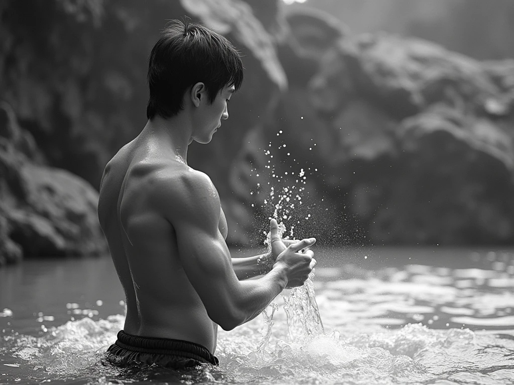 bruce lee, caption, "Be water", "my friend", monochrome, 