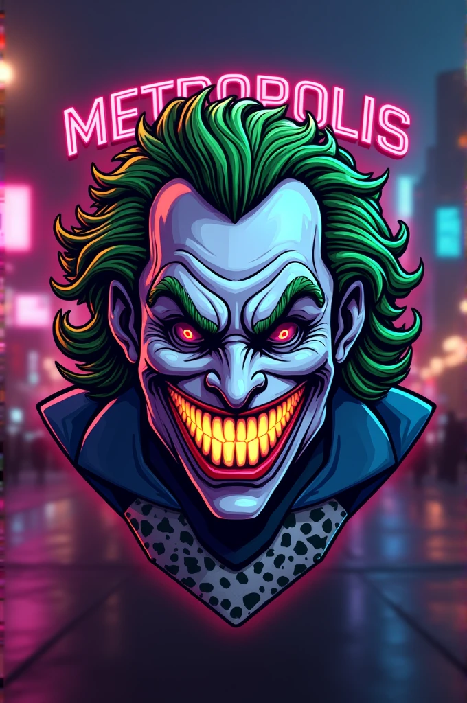 I want a team crest that includes the name "metropolis" with hyperpop city colors, The Joker's smile and a part with a dalmatian skin design