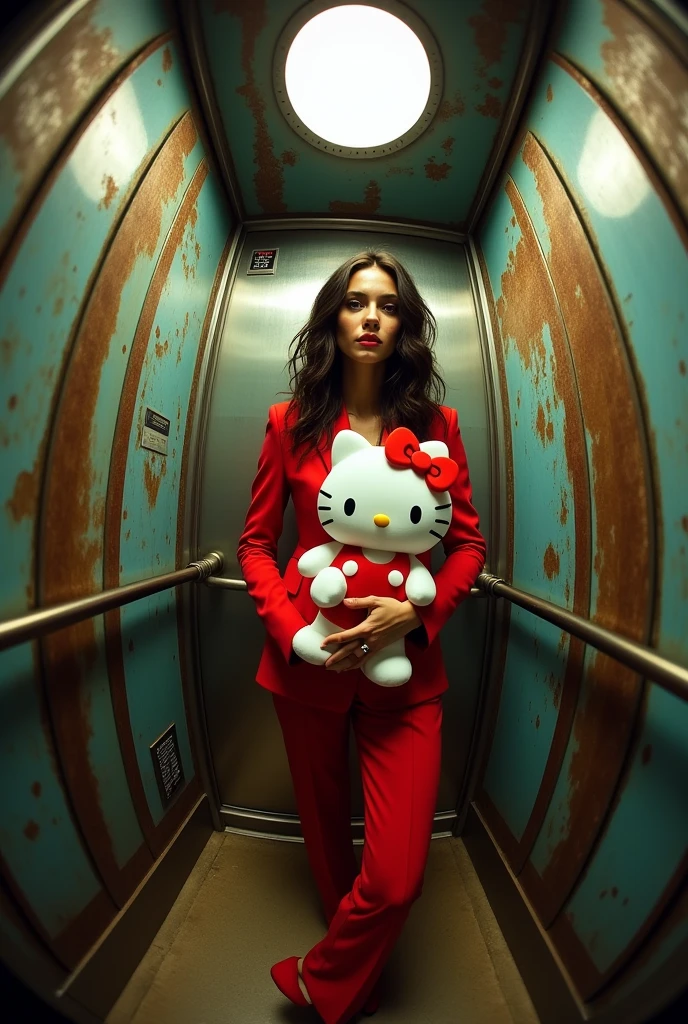 bella hadid in a rustic elevator looking into a round fisheye lens holding a hello kitty