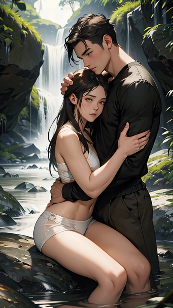 Romantic, intimate photograph featuring a couple seated on rocky terrain near a flowing stream. The woman, with long dark hair and fair skin and big hips, is wearing a white underwear and is seated on the man's lap. The man, with short light brown hair and fair skin, is shirtless and wearing dark swim trunks. They are embracing each other closely, with the woman gently holding the man's face and the man holding her waist. The background consists of large rocks and a small waterfall, creating a natural and serene setting. The overall tone of the image is warm and earthy, with soft lighting enhancing the intimate mood.