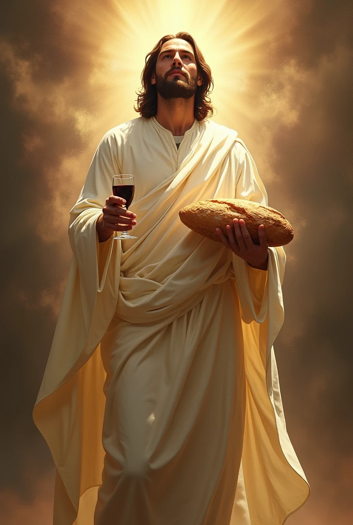 Shining Christi offering his body and blood as food for humanity, dressed in white an carryng bread and a cup of wine in his hand