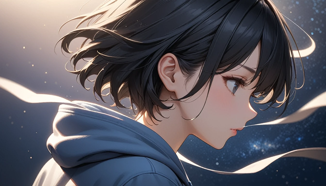 Starry Sky、One woman、Black Hair、Short Hair、Hair blowing in the wind、profile、Wearing a hoodie、Back view、Full body portrait