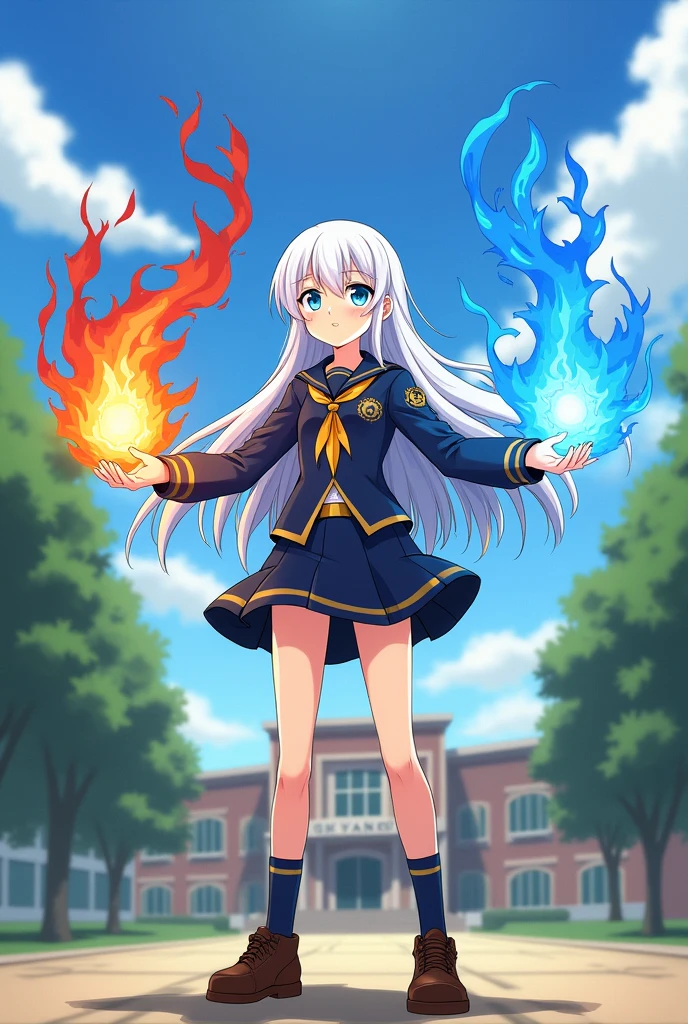 Boku no hero academia template a 16 year old girl with long white hair and blue eyes wearing the UA uniform showing her gift of the four elements but without much power
