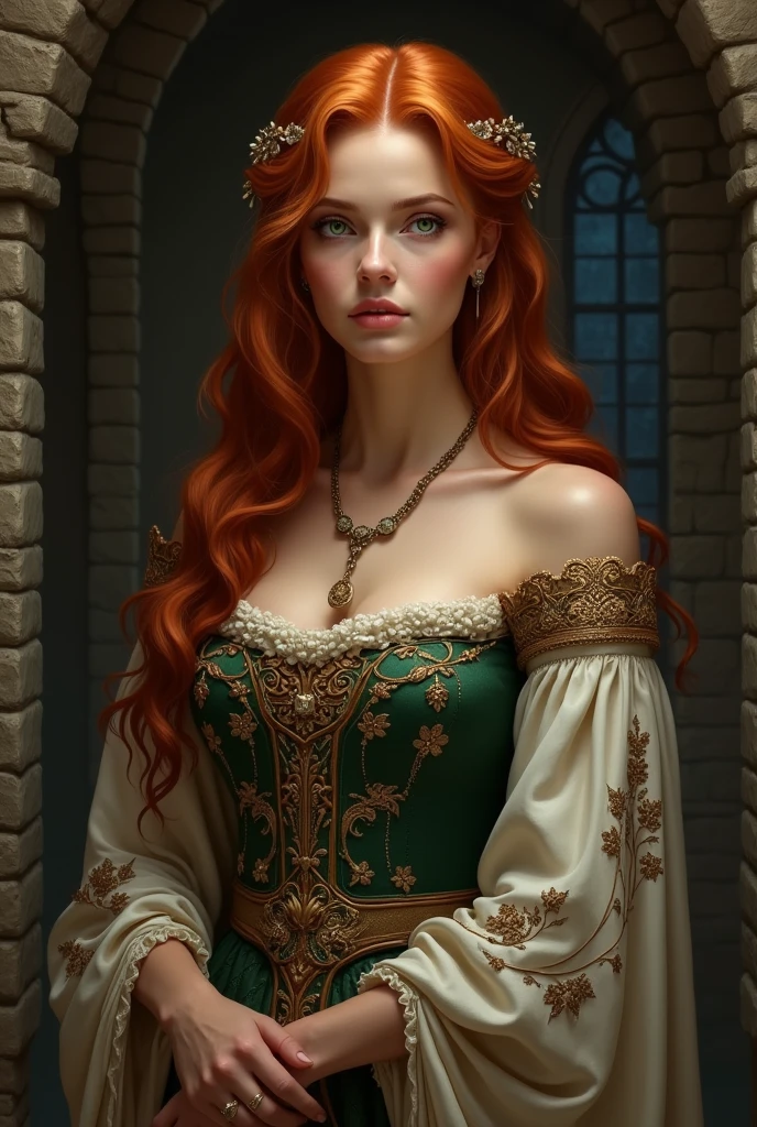 A woman with red hair and green eyes dressed in medieval era dress. 