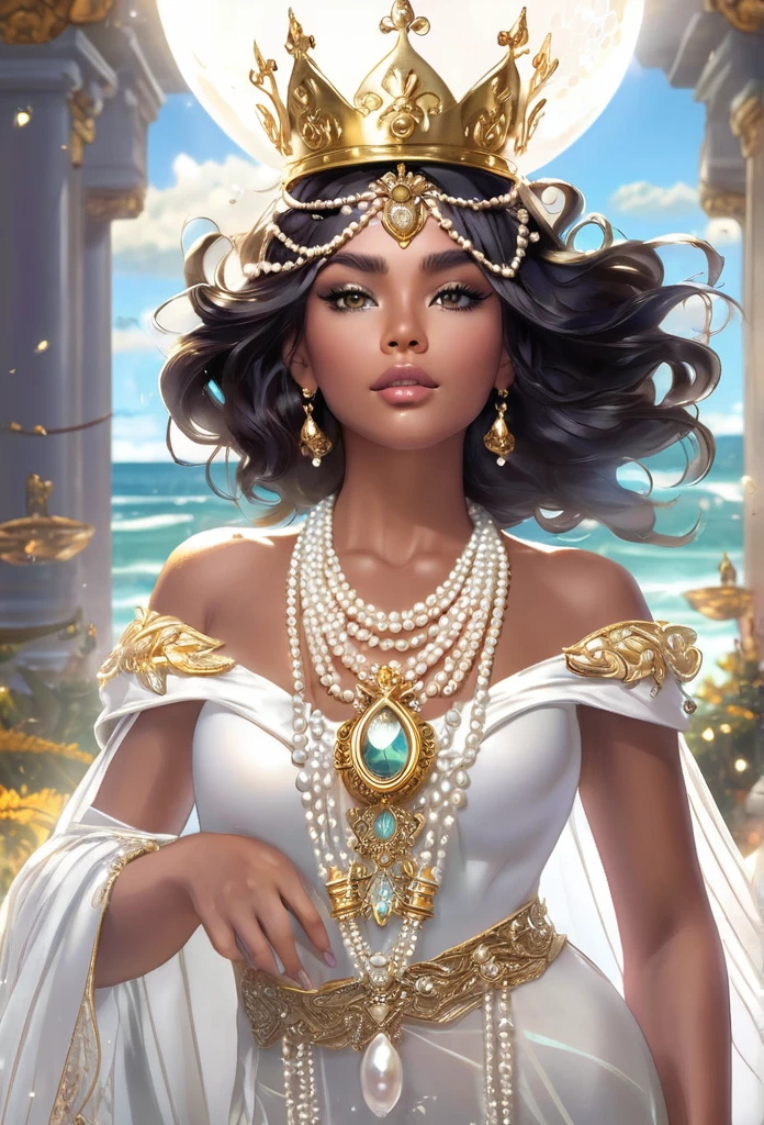 (((King Oxalá / GOD )))on a SKY a bright light, Sorceress, beautiful MALE sorceress, (( oxalá UHD ))) With a beautiful crown of shells and pearls, volantes+ribbons+detailed in tone , It should look charming and beautiful, Keep the iconic elements of the original character. Male King GOD must have a sensual round face with large dimensions, clear eyes, long eyelashes and rosy cheeks. Your hair should be in great black tones . Elegant like a king : Vista-se Chibi em um luxuoso e elegante Bata detalhes standingrolas dourada . He wears a veil on the shore, The character&#39;s costume is a beautiful light blue lace dress. . standing, . Magic Accessories: Add charming accessories to the chibi, shell necklaces and earrings .Be sure to add shadows, textures and details in the hair, God accessories, to make you even more charming and charming. Give him a smiling expression and a smile on his face, Capturing the essence of the character in a subtle way, Delicate hands,( beach scenery, deep surrealistic landscape, king Oxalá and its mermaids ) 16KPensativo, Cabelo branco, Fundo simples, Capuz, Barba, 