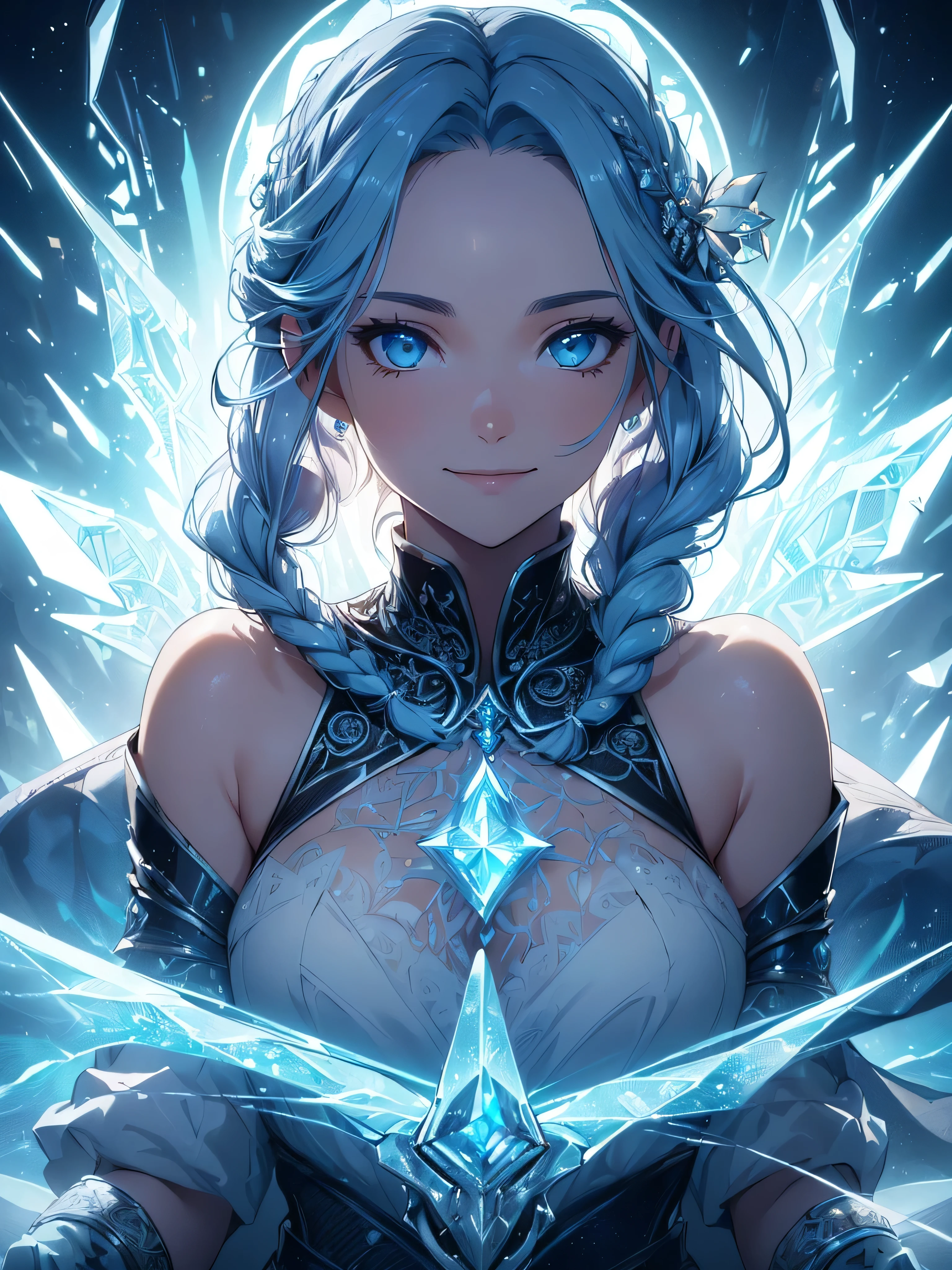 (((best quality, sharp image, clear image, cinematic lighting, 8k resolution, masterpiece, ultra detailed, intricate))) Girl, sorcerer, cute, intricate dress, braided hair, smiling, Ice blue, ((intricate background)), (rune frame), dimension, sideview