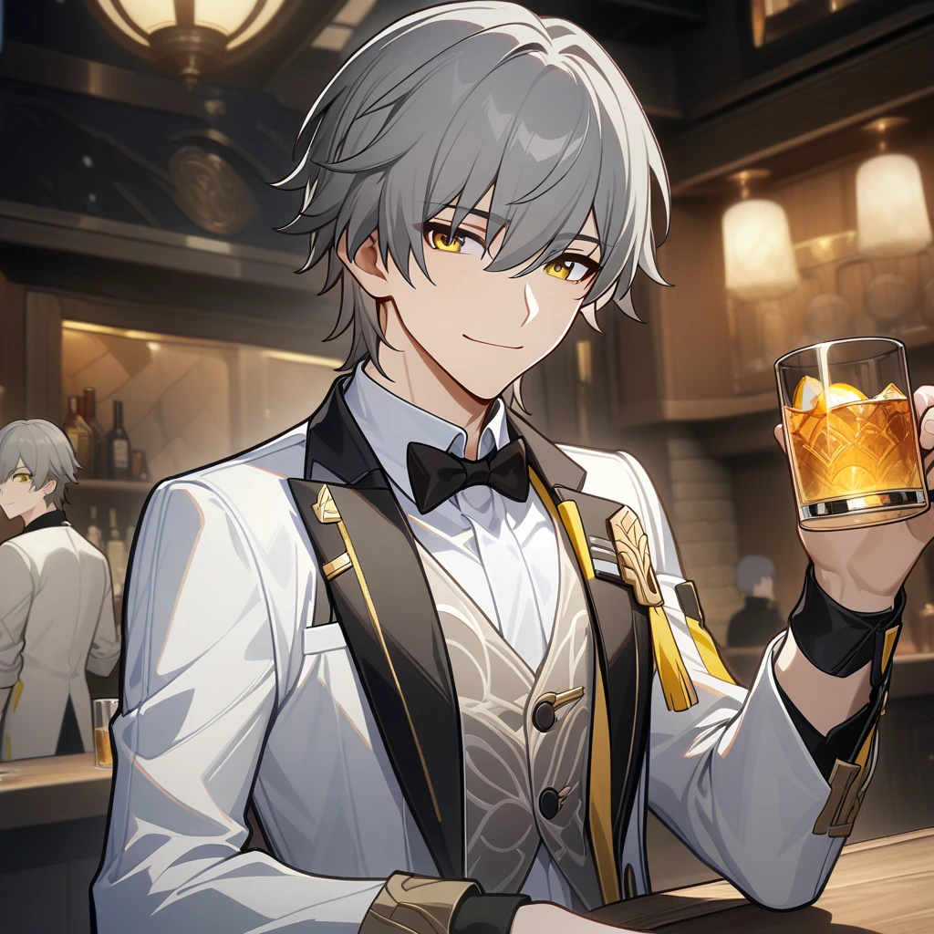 caelus, caelus from honkai star rail, 1boy, bartender in a stylish pose, holding glass, grey hair, gold eyes, cute face, white suit, simple formal suit, white waistcoat, tavern background, side view, close up, decorative, masterpiece, high quality, hd, 4k, upper body, smiling