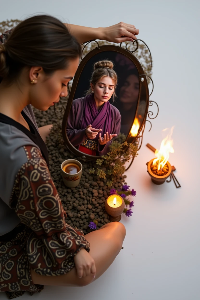 Movie Characters in Meditation, Surrounded by natural elements, violet bonfire, incense and illuminated symbols, Convey the concept of depth, self-awareness reflection