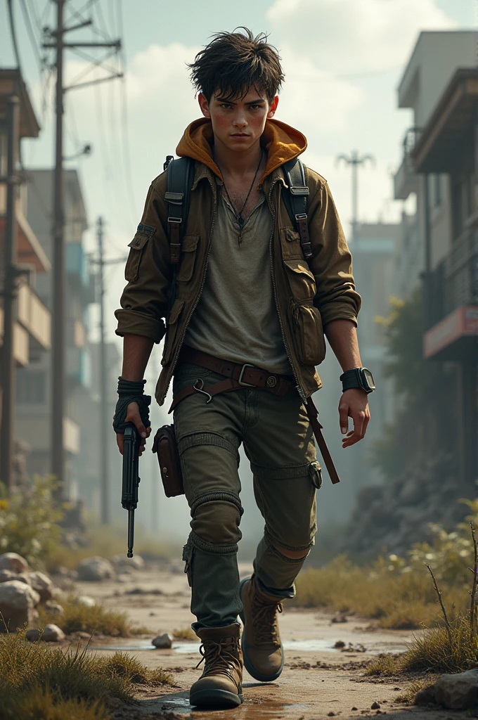 Create an 18 year old boy, Tez blanca, Brown eyes, normal build, wearing zombie apocalypse style clothing, and holding a gun in one hand and a hunting knife in the other