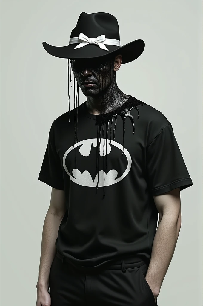A guy with ink dripping off his head with no eyes with a batman shirt and a black hat with a white ribbon on it and black pants