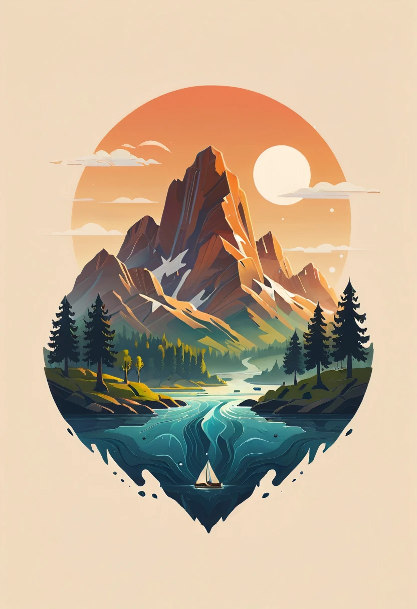 impressive painting of a mountain with trees and water, a detailed painting by Petros Afshar, shutterstock contest winner, environmental art, detailed painting, outlined art, 2d game art, isolated background for logo, strong contours, logo design