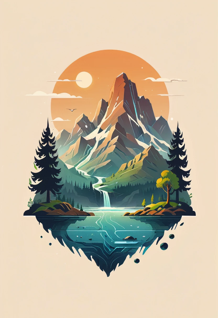 impressive painting of a mountain with trees and water, a detailed painting by Petros Afshar, shutterstock contest winner, environmental art, detailed painting, outlined art, 2d game art, isolated background for logo, strong contours, logo design