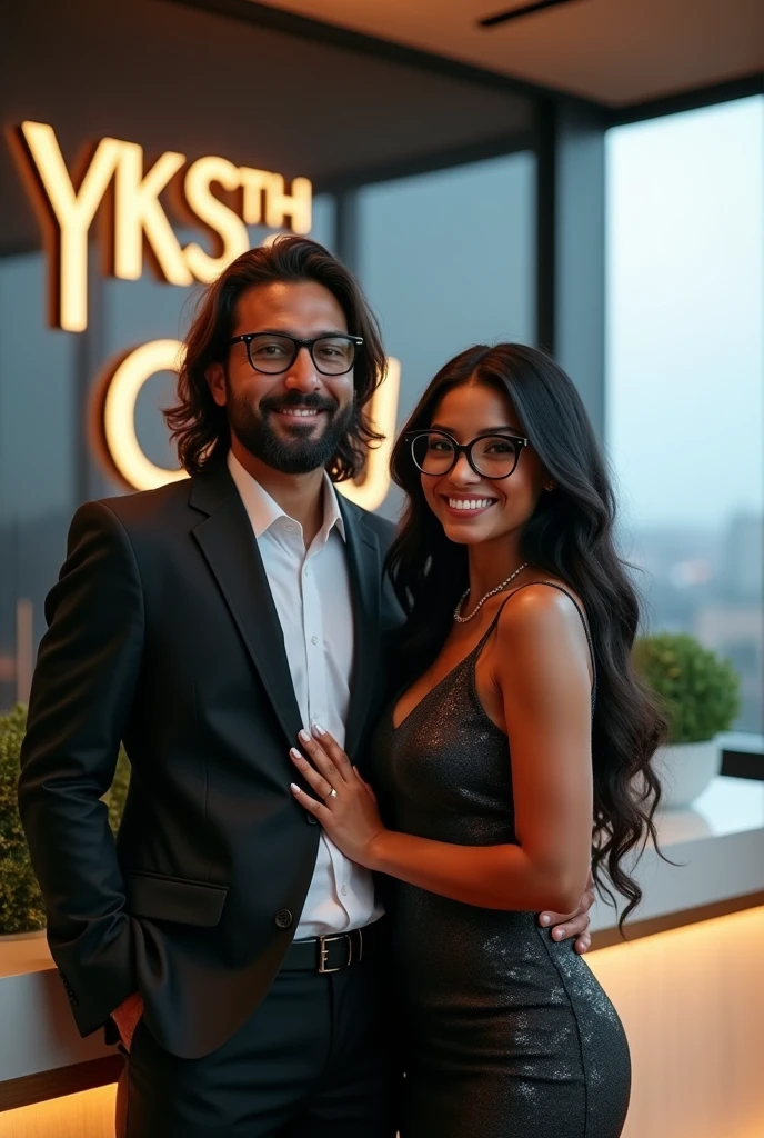 Give me a picture of a young couple in their 30s, Colombian millionaire, owners of "YK Shop", a successful kitchen and home products company. The couple has an elegant and modern style, He with a beard and medium-long hair and she with dark skin, glasses and chubby cheeks with a little forehead, with high quality clothing and accessories. The scene takes place in a modern and sophisticated building with cutting-edge technology and panoramic views of the city.. The logo of "YK Shop" is visible on the wall, with a color palette that reflects richness and exclusivity, and a modern, easy-to-read design. The image reflects the success, the sophistication and professionalism of the couple and their company.