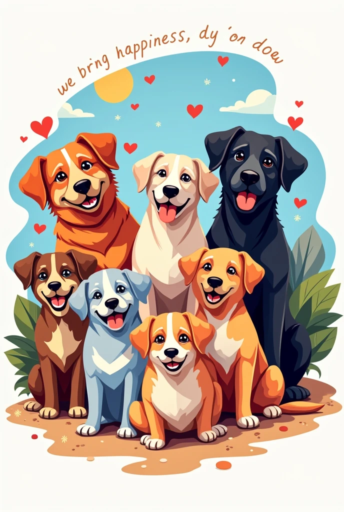 A logo full of colors, with dogs of all breeds, called Animal Time, With the phrase we bring happiness to your doorstep.