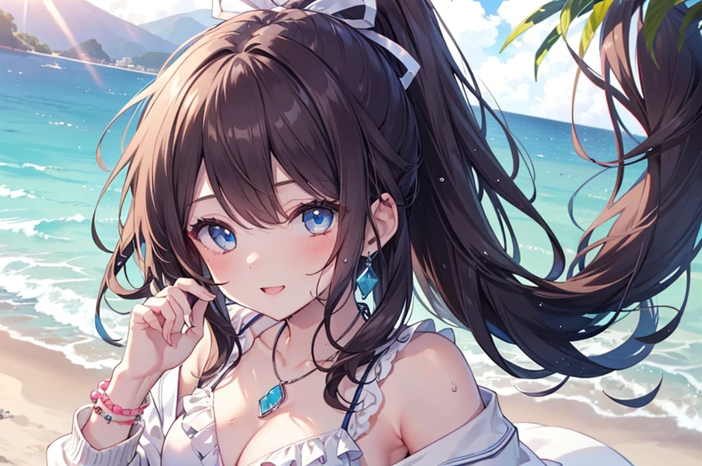 (((girl kawaii))), (a Very delicate and beautiful girl), ((Ultra-fine illustrations)), (Very delicate and beautiful), charactera girl, Please raise your hand, Wet, girl, age girl, Flowing Hair, (High Ponytail), (Long dark brown hair), Beautiful and fine hair, Very beautiful and detailed anime faces and eyes, (smile), Intricate details、Beautiful and delicate eyes, Bright Eyes, Open your mouth, Cleavage, Pale blue eyes, White skin, Frills, Hair Ribbon, Earrings, Gemstone Necklace, bracelet, (White Bikini), cardigan, Wet clothes, Open Court, White clothes, (Beach), (blue sky), sunlight, Backlight, Highly detailed light, ((Absurd)), (((wallpaper 8k CG))), masterpiece,