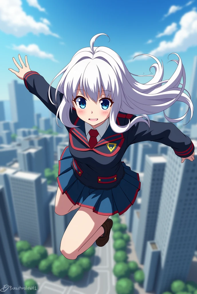 Boku no hero academia template a 16 year old girl with long white hair and blue eyes wearing the ua uniform flying